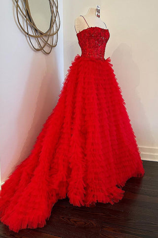 Princess A Line Spaghetti Straps Red Long Prom Dress with Ruffles Appliques