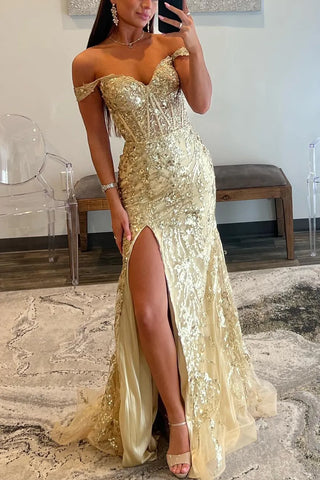 Sparkly  Off the Shoulder Mermaid Sequins Long Prom Dress with Slit