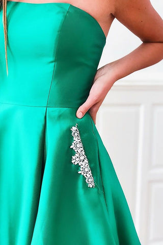 A Line Strapless Green Short Homecoming Dress with Pockets