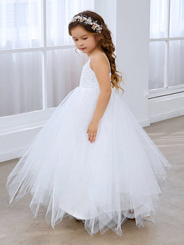 Ball-Gown/Princess Lace Tulle Floor-length White Dress (010145213)