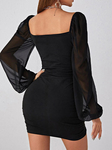 Loose Puff Sleeves Gauze Pleated See-Through Solid Color Split-Joint Square-Neck Evening Dresses Mini Dresses