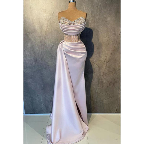 Elegante y lujoso vestido de fiesta con escote en V, sin mangas, fruncido, bordado floral, abertura y diamantes de imitación