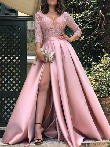 Robe de soirée bronzée à col en V et fente pour banquet 