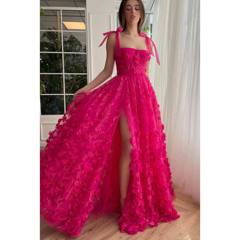Vestido de noche largo de fiesta de tul con apliques de encaje y escote cuadrado en forma de A con abertura