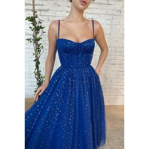 Vestido de fiesta de tul brillante con tirantes finos y estrellas, con bolsillos 