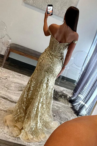 Sparkly  Off the Shoulder Mermaid Sequins Long Prom Dress with Slit