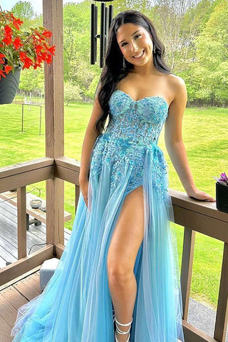 A Line Sweetheart Blue Corset Prom Dress with Appliques Split Front