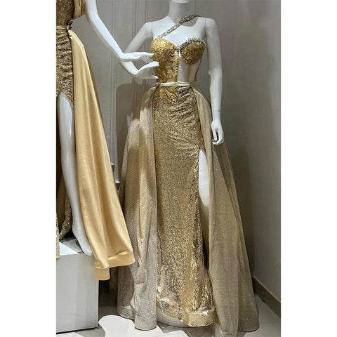 Vestido de fiesta de noche con un hombro al descubierto, brillante, con cuentas y corte A desmontable 