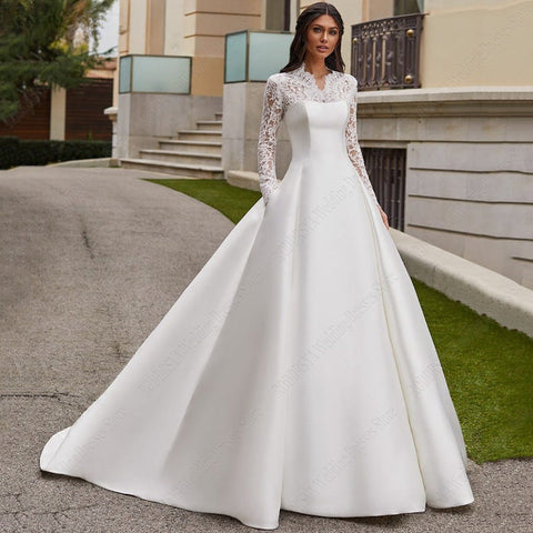 Robes de bal en satin et dentelle pour mariées, avec appliques et manches longues, style princesse, sur mesure. 