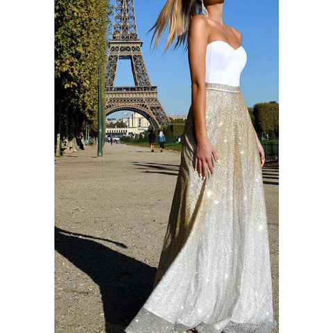 Robe de soirée longue trapèze à paillettes et bretelles en cœur