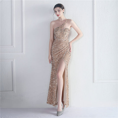 Velvet Bottom Sequin One Shoulder Fishtail Evening Dress