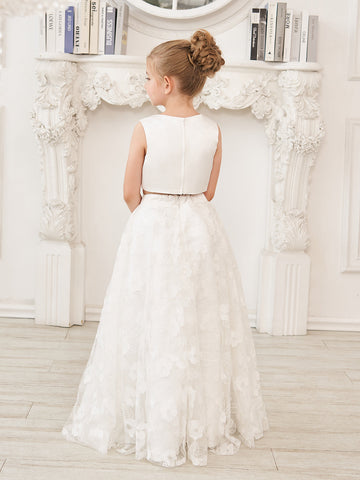 A-line Lace Satin Floor-length Ivory Dress (010146741)