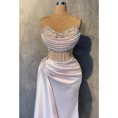 Elegante y lujoso vestido de fiesta con escote en V, sin mangas, fruncido, bordado floral, abertura y diamantes de imitación