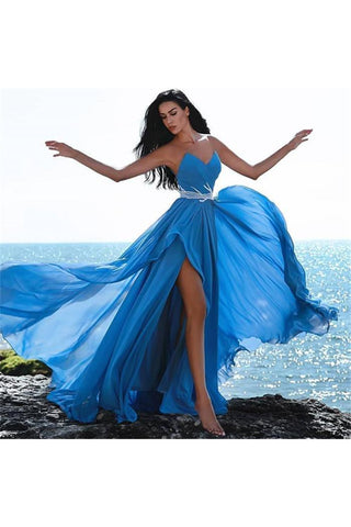 Affordable Blue Sweetheart Evening Dresses Crystals Split Formal Dresses