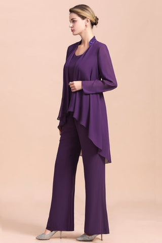 Affordable Straps Beading Grape Chiffon Mother of Bride Jumpsuit Online with Wrap