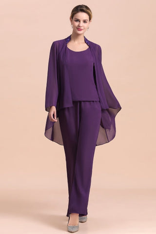 Affordable Straps Beading Grape Chiffon Mother of Bride Jumpsuit Online with Wrap