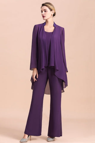 Affordable Straps Beading Grape Chiffon Mother of Bride Jumpsuit Online with Wrap