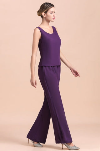 Affordable Straps Beading Grape Chiffon Mother of Bride Jumpsuit Online with Wrap
