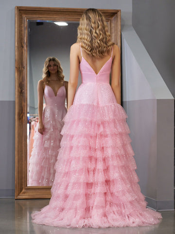 Alianna | Light Pink A-Line Tiered Spaghetti Straps Tulle Prom Dress