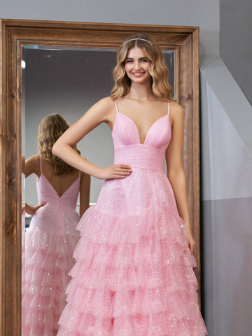 Alianna | Light Pink A-Line Tiered Spaghetti Straps Tulle Prom Dress