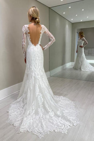 Amazing Column Lace Long Sleeve White Wedding Dresses With Appliques