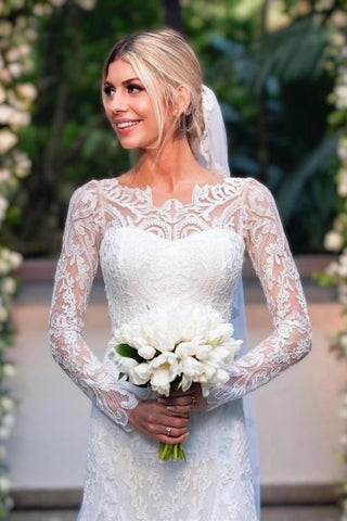 Amazing Column Lace Long Sleeve White Wedding Dresses With Appliques