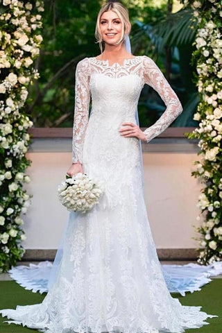 Amazing Column Lace Long Sleeve White Wedding Dresses With Appliques