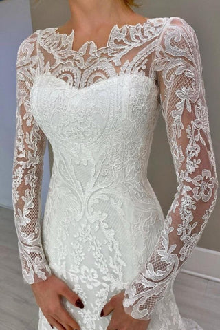 Amazing Column Lace Long Sleeve White Wedding Dresses With Appliques
