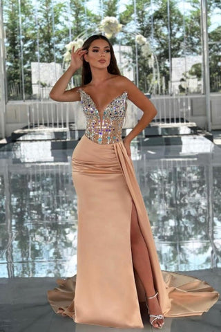 Amazing Column Satin V-Neck Sleeveless Prom Dress With Beading
