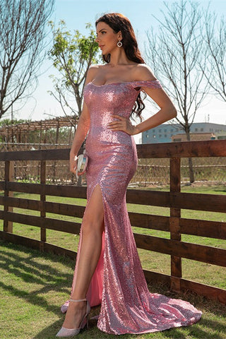 Amazing Dusty Pink Off-the-shoulder Mermaid Evening Dress With Slit Sequins