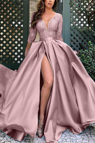 Amazing Lace Prom Dress Long Split On Sale 3/4 Sleeves