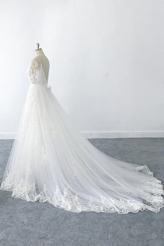 Amazing Long A-line V-neck Ruffle Appliques Tulle Wedding Dress