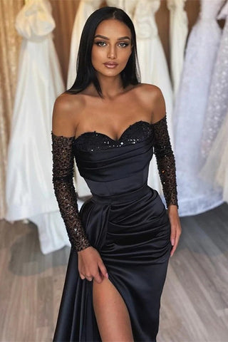 Amazing Long Black Mermaid Front Split Long Sequins Evening Party Gowns