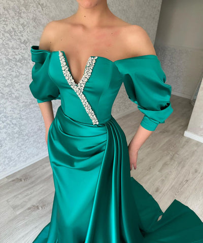 Amazing Long Green Off-the-Shoulder Evening Party Gowns Long Slit Online