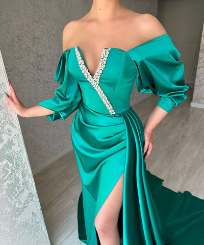 Amazing Long Green Off-the-Shoulder Evening Party Gowns Long Slit Online