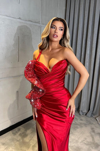 Amazing Long Red One Shoulder Sequined Mermaid Prom Dress with Slit