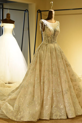 Amazing Princess Lace-up Sparkly Beading Tulle Ivory Princess Wedding Dress
