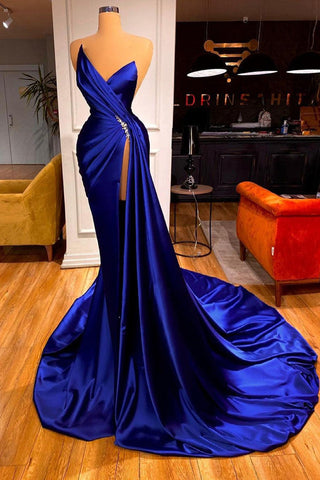Magnifique robe de bal bleu roi sirène longue avec fente et décolleté cœur