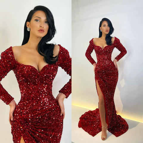 Amazing Sequins Mermaid Ball Dresses Split Prom Dresses Long Sleeves