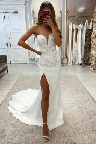 Amazing Sweetheart Sleeveless Sequined Lace Wedding Dress With Slit