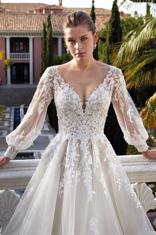 Amazing V-neck Backless Long Sleeves A-line Appliques Wedding Dress