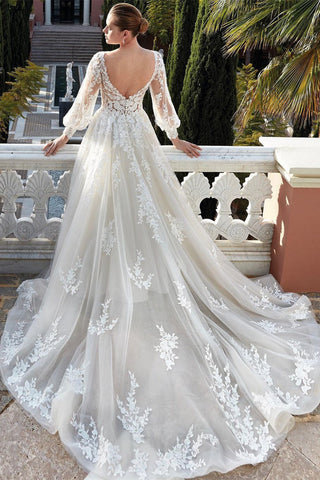 Amazing V-neck Backless Long Sleeves A-line Appliques Wedding Dress