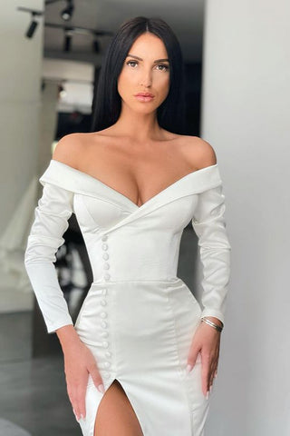 Amazing White Mermaid Evening Dress Off-the-shoulder Split Prom Gown Long Sleeves