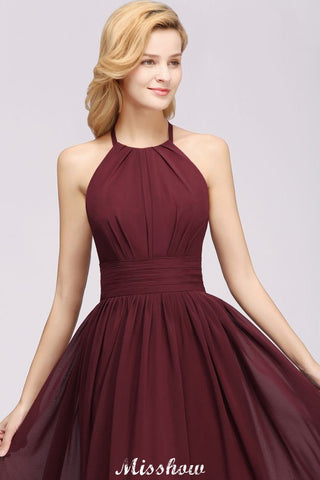 Appliques Halter Sleeveless Floor-Length Bridesmaid Dresses with Ruffles A-line Chiffon Evening Maxi Dress