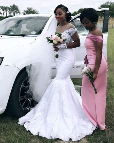 Appliques Sheer Tulle Mermaid Wedding Dress Pleated Bridal Wears