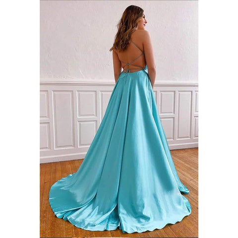 Robe de bal trapèze simple en satin turquoise, col en V, bretelles spaghetti et fente 