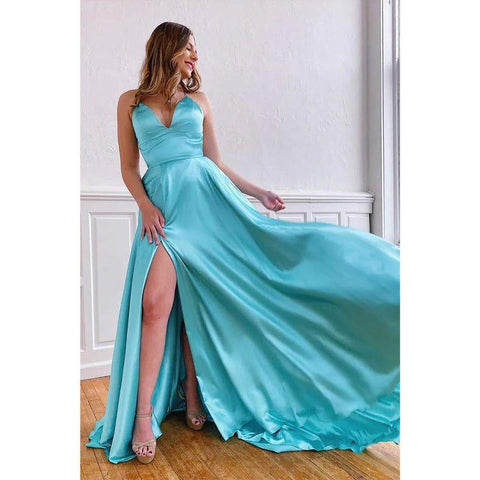 Robe de bal trapèze simple en satin turquoise, col en V, bretelles spaghetti et fente 