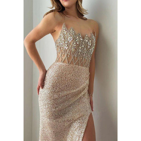 Robe de soirée asymétrique sans bretelles, ornée de paillettes et de perles, avec traîne 