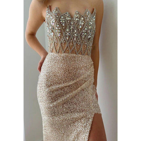 Robe de soirée asymétrique sans bretelles, ornée de paillettes et de perles, avec traîne 