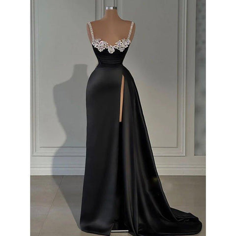 Robe de bal longue à bretelles spaghetti et perles, avec fentes 